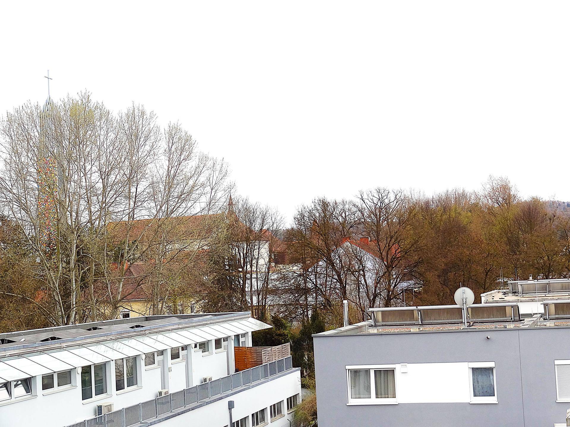 Blick über Dächer und Bäume auf eine Kirche in der Ferne unter einem bewölkten Himmel.