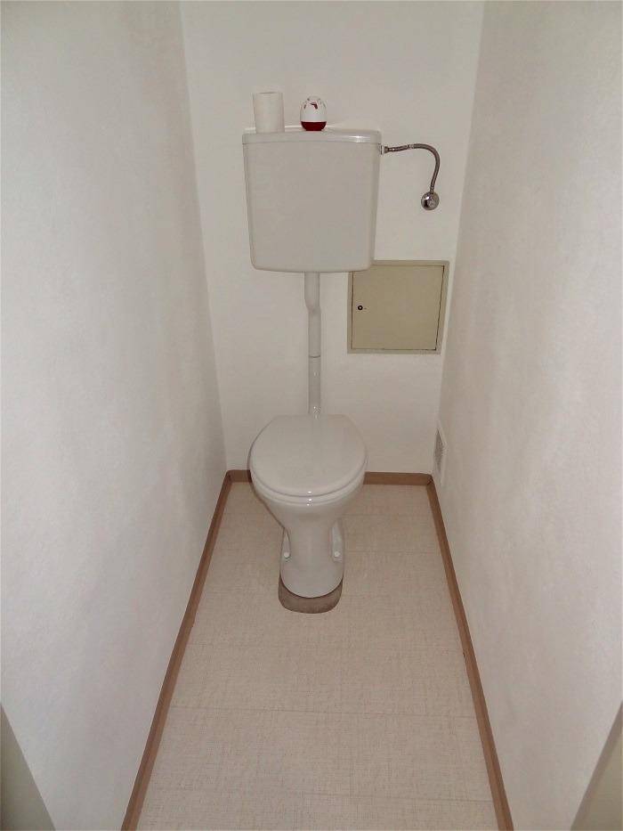 Separates WC mit Standtoilette und hellem Bodenbelag.
