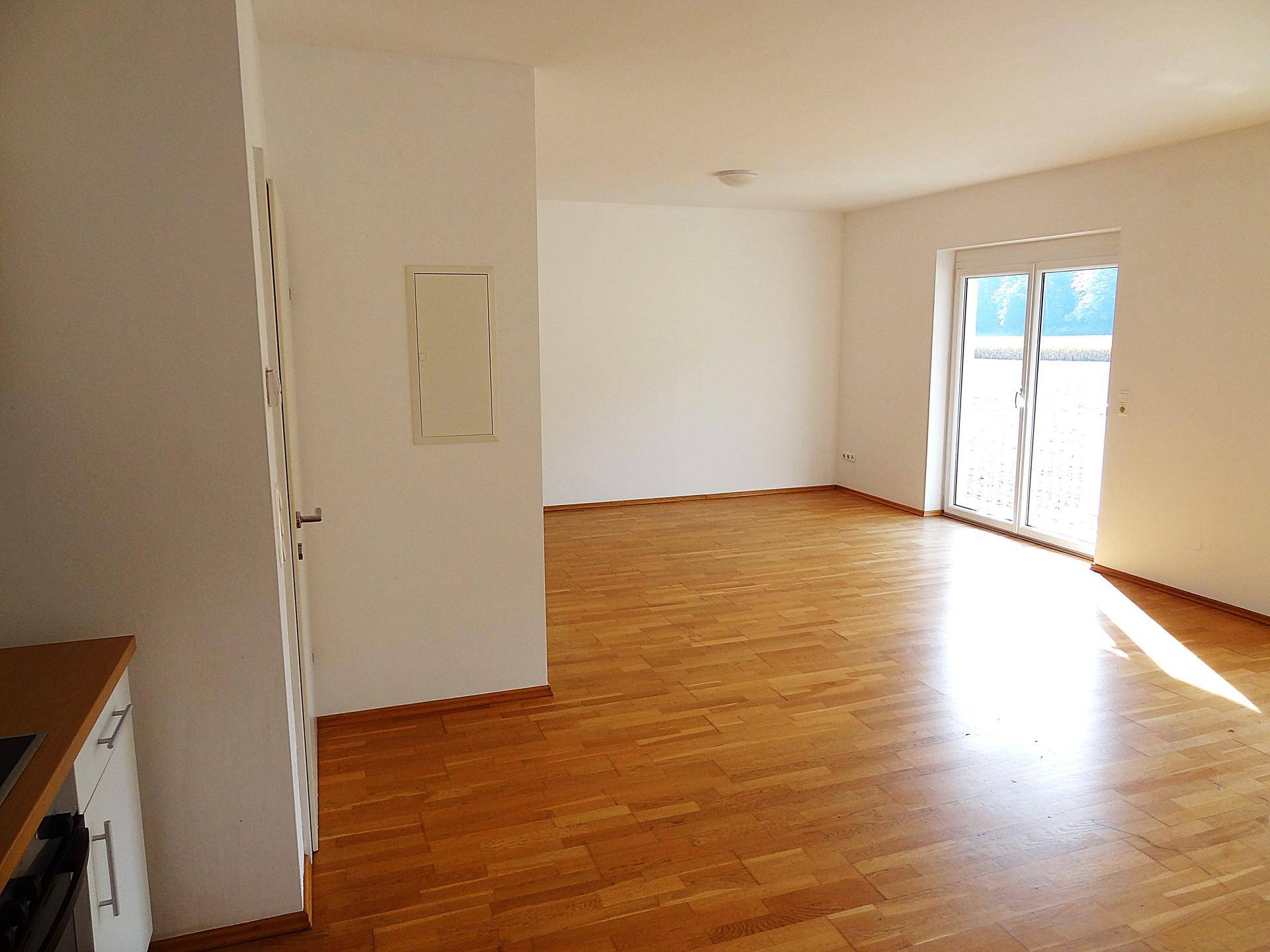 Heller Wohnbereich mit Zugang zu einem Außenbereich und sonnigem Parkettboden, ideal für entspannte Stunden.