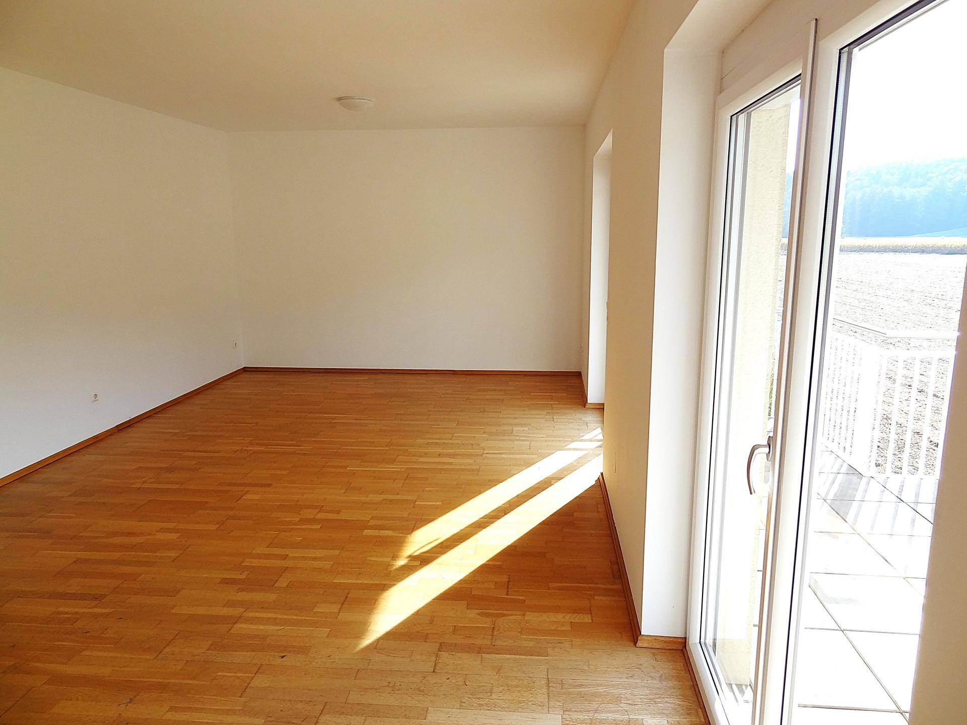 Wohnraum mit sonnigem Parkettboden und breiter Glasfront, die den Blick nach draußen freigibt und viel Licht spendet.