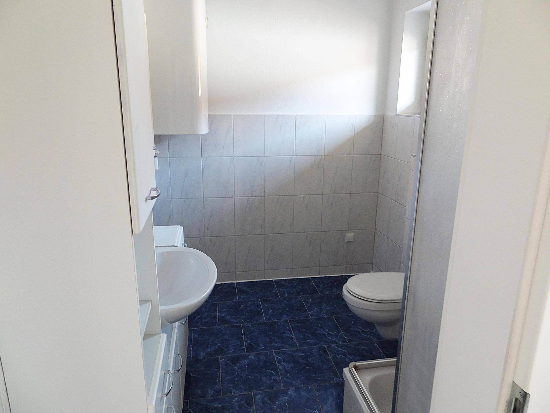Funktionales Badezimmer mit blauen Bodenfliesen, weißer Wandverkleidung und Duschkabine.
