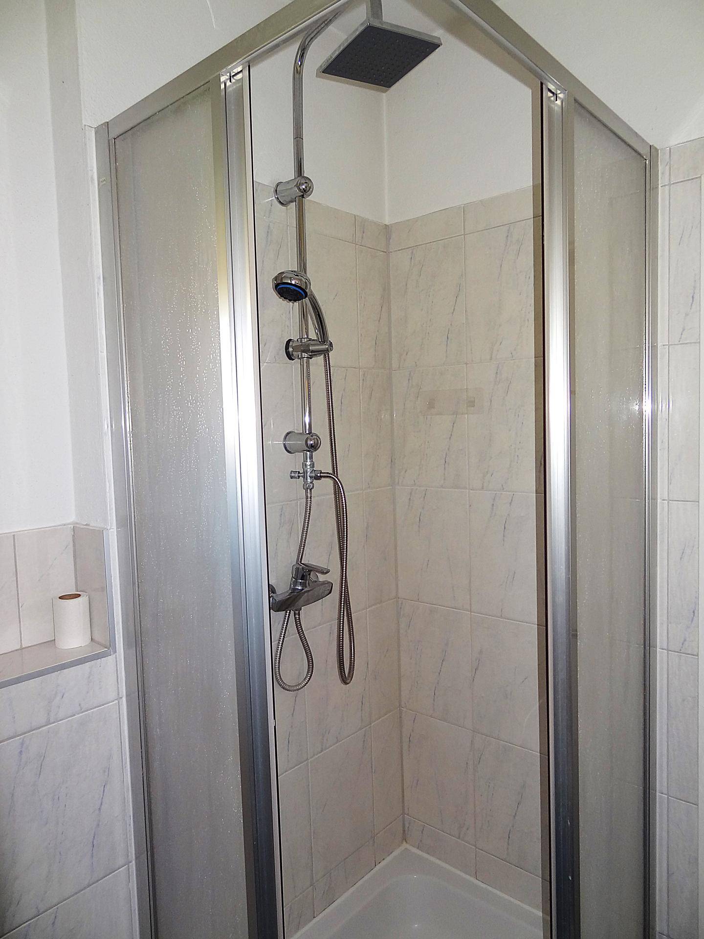 Duschkabine mit Regenduschkopf und Handbrause, umgeben von hellen Wandfliesen.