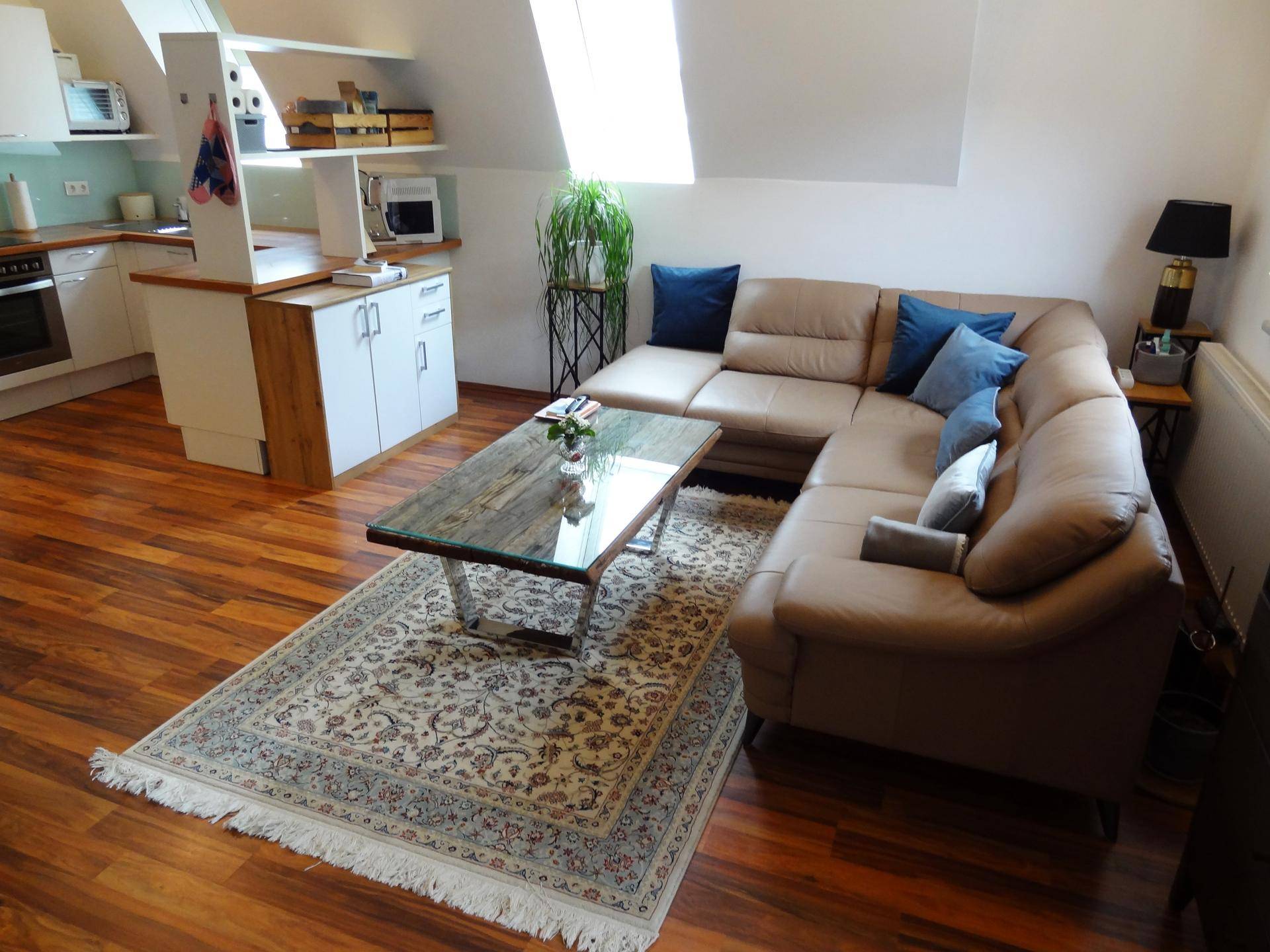 Gemütlicher Wohnbereich mit Ledersofa, Couchtisch und Teppich auf Holzboden.