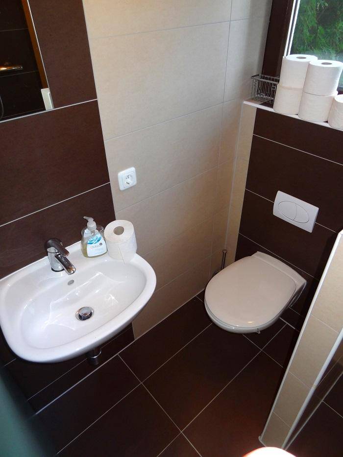 Helles Badezimmer mit Fenster, Waschbecken und wandhängender Toilette in Braun-Beige-Tönen.