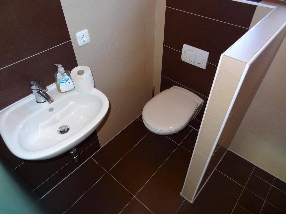 Modernes Badezimmer mit braunen und beigen Fliesen, ausgestattet mit Waschbecken und wandhängender Toilette.