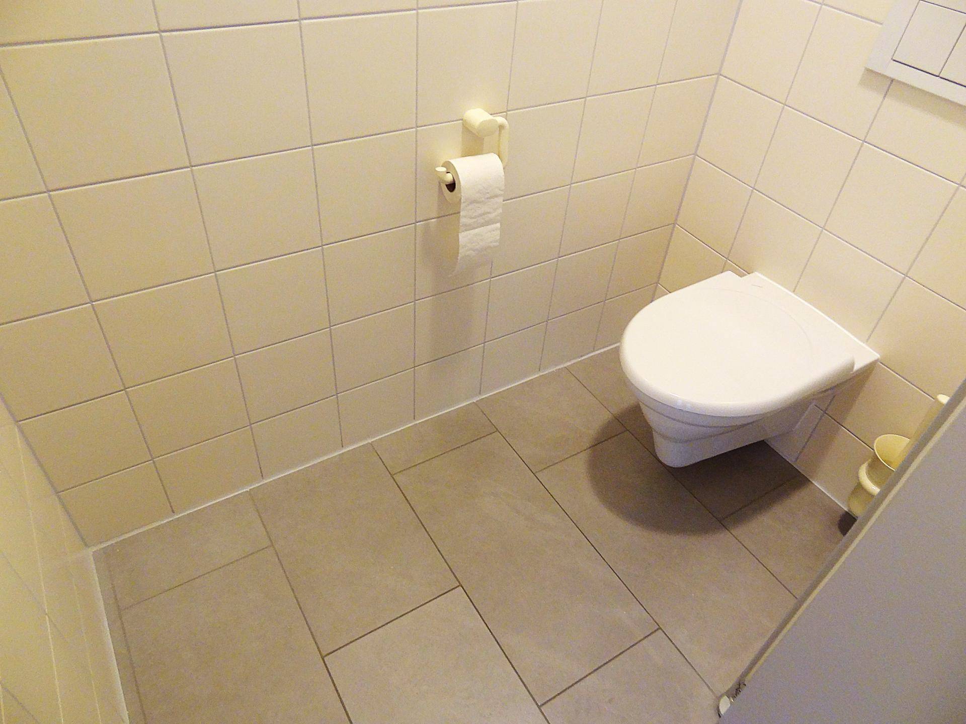Separate Toilette mit Wand-WC und hellen Fliesen an Wänden und Boden.