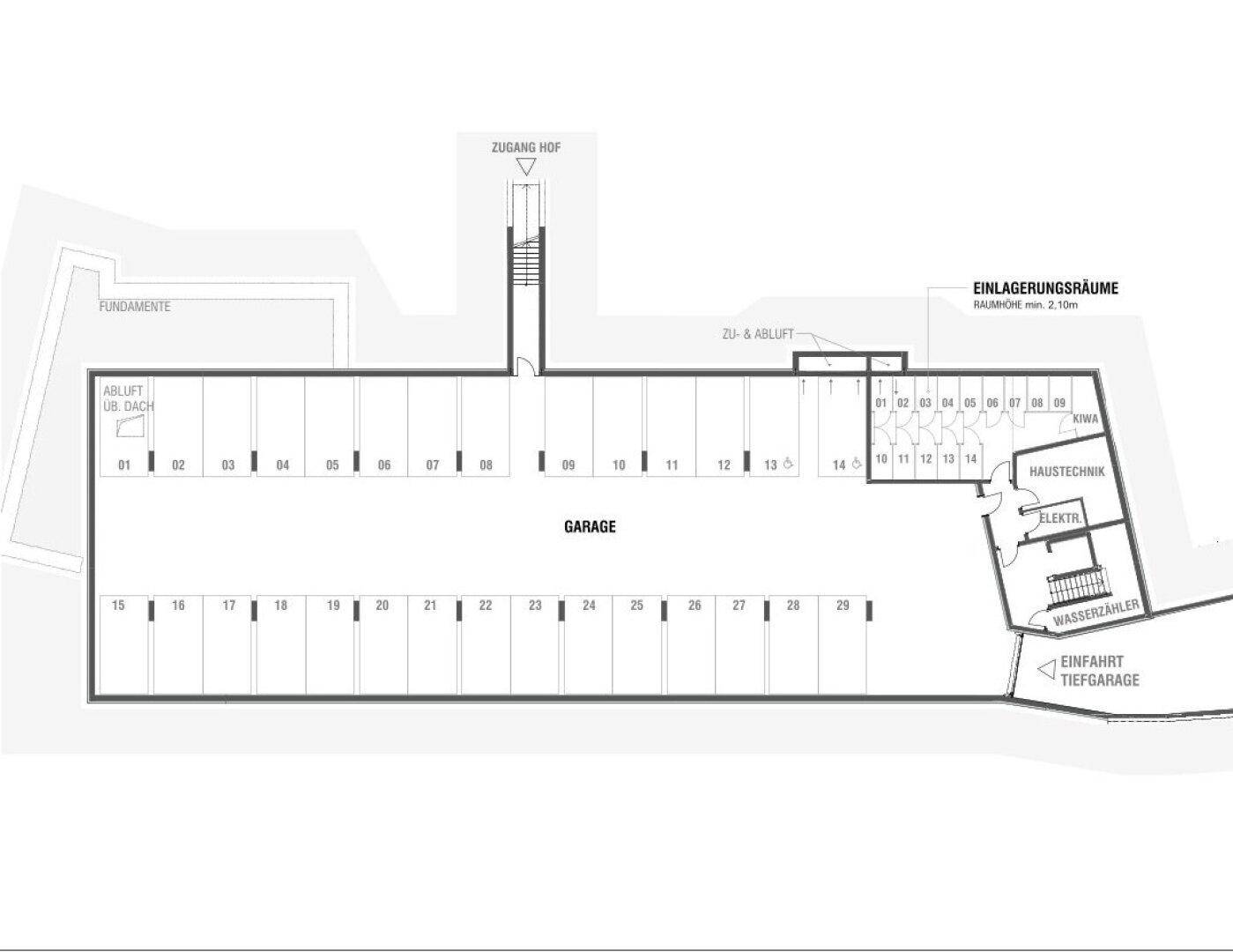Grundriss der Tiefgarage mit zahlreichen Stellplätzen und Technikräumen.