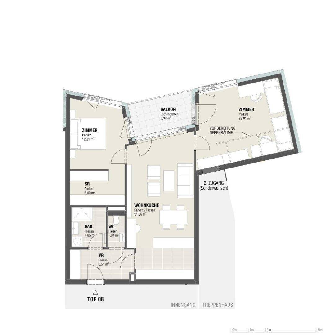 Grundriss einer Wohnung mit Wohnküche, zwei Zimmern, Bad und Balkon.