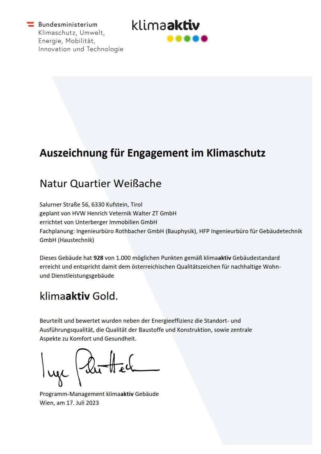 Zertifikat Klimaaktiv Gold