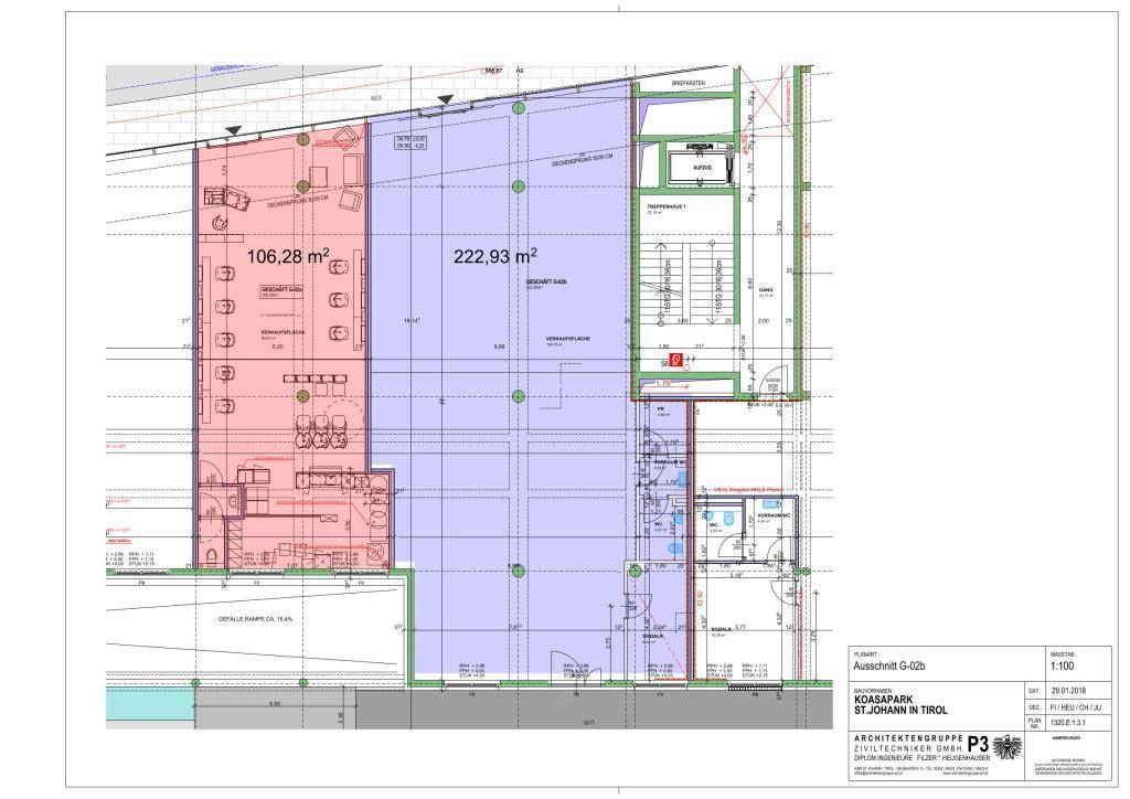 Detaillierter Grundrissplan eines Gewerbeobjekts mit zwei unterschiedlich großen Mietbereichen und Sanitäranlagen.