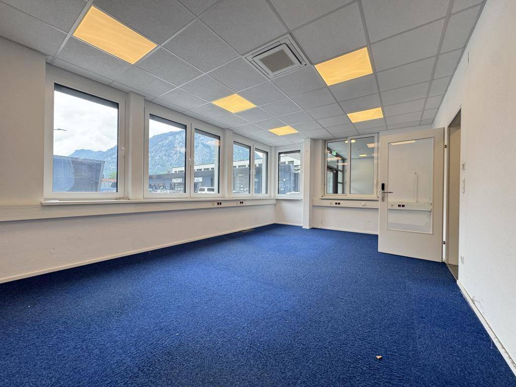 Geräumiges, leeres Büro mit blauem Teppichboden, großen Fenstern und Blick auf die Berge.