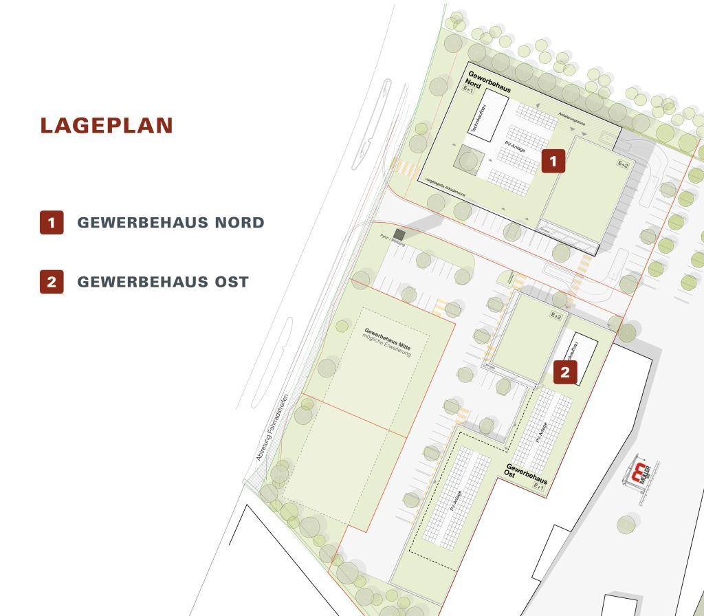 Lageplan des Gewerbegebiets mit zwei Gebäuden, Nord und Ost, sowie eingezeichneten Parkplätzen und Zufahrten.