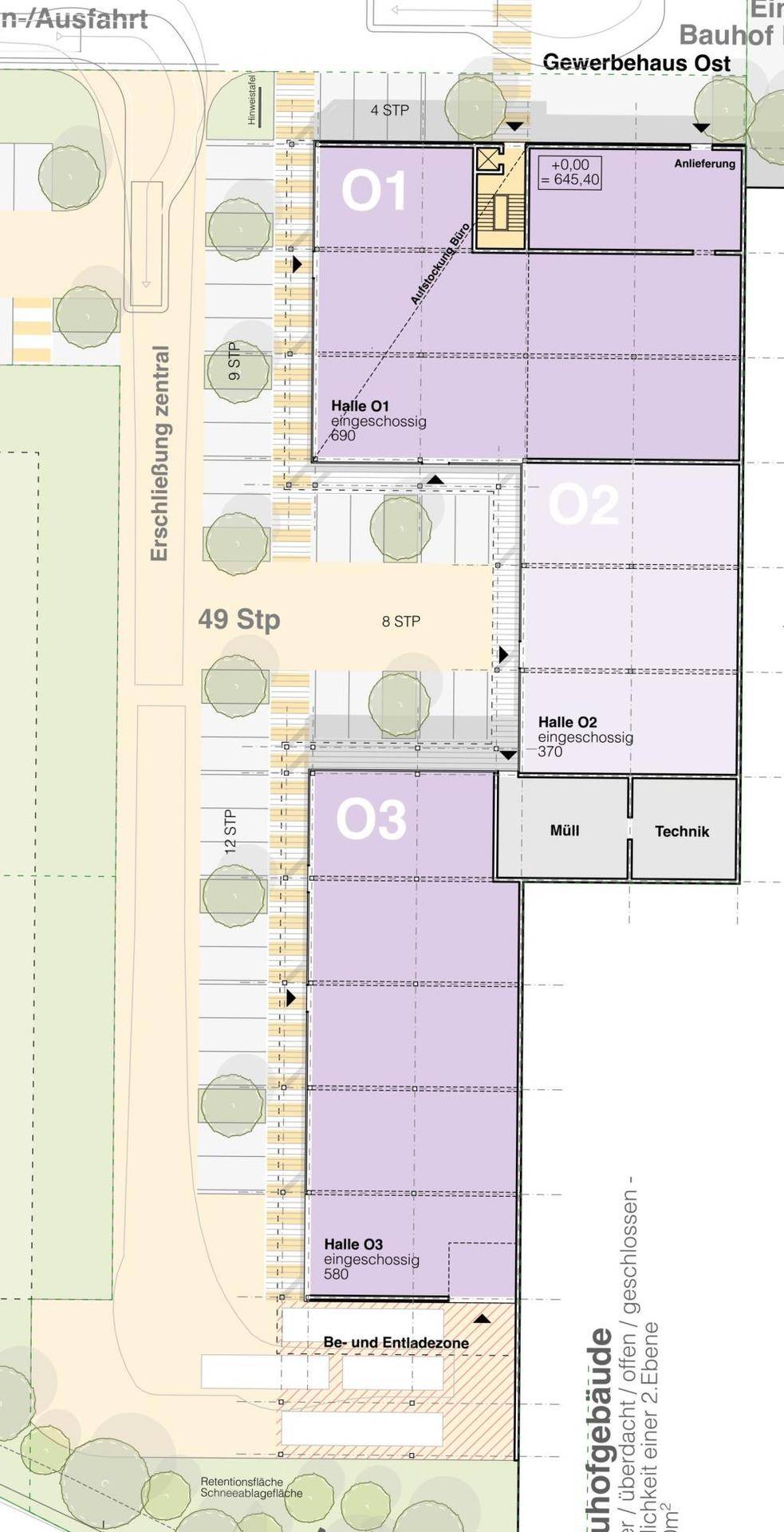 Detaillierter Grundriss des Gewerbehauses Ost mit drei Hallen, Technikraum und zahlreichen Parkplätzen im Außenbereich.
