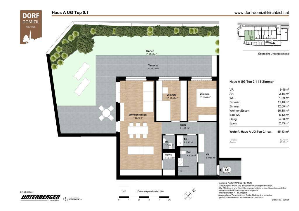 2D-Grundriss der 3-Zimmer-Wohnung Top 0.1 (ca. 85 m²) mit großem Garten und Terrasse