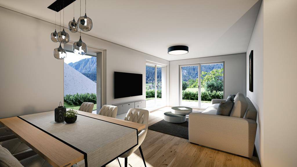 Visualisierung: Moderner Wohn-Essbereich mit Parkett, Esstisch, Sofa und Bergblick