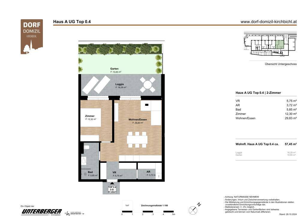 2D-Grundriss der 2-Zimmer-Wohnung Top 0.4 (ca. 57 m²) mit Loggia und Garten