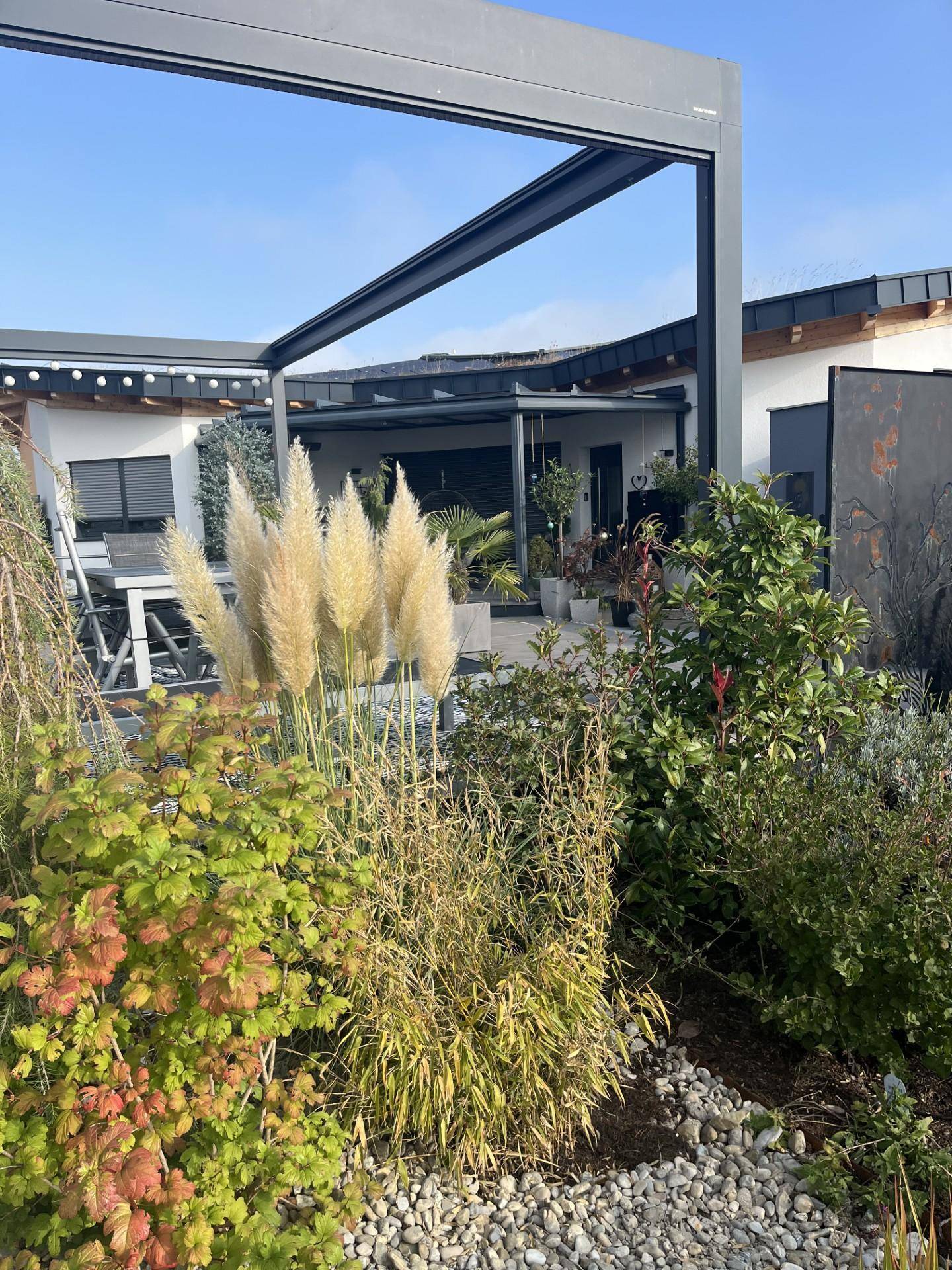 Moderner Gartenbereich mit Pergola, üppiger Bepflanzung und einladendem Außenbereich am Haus.