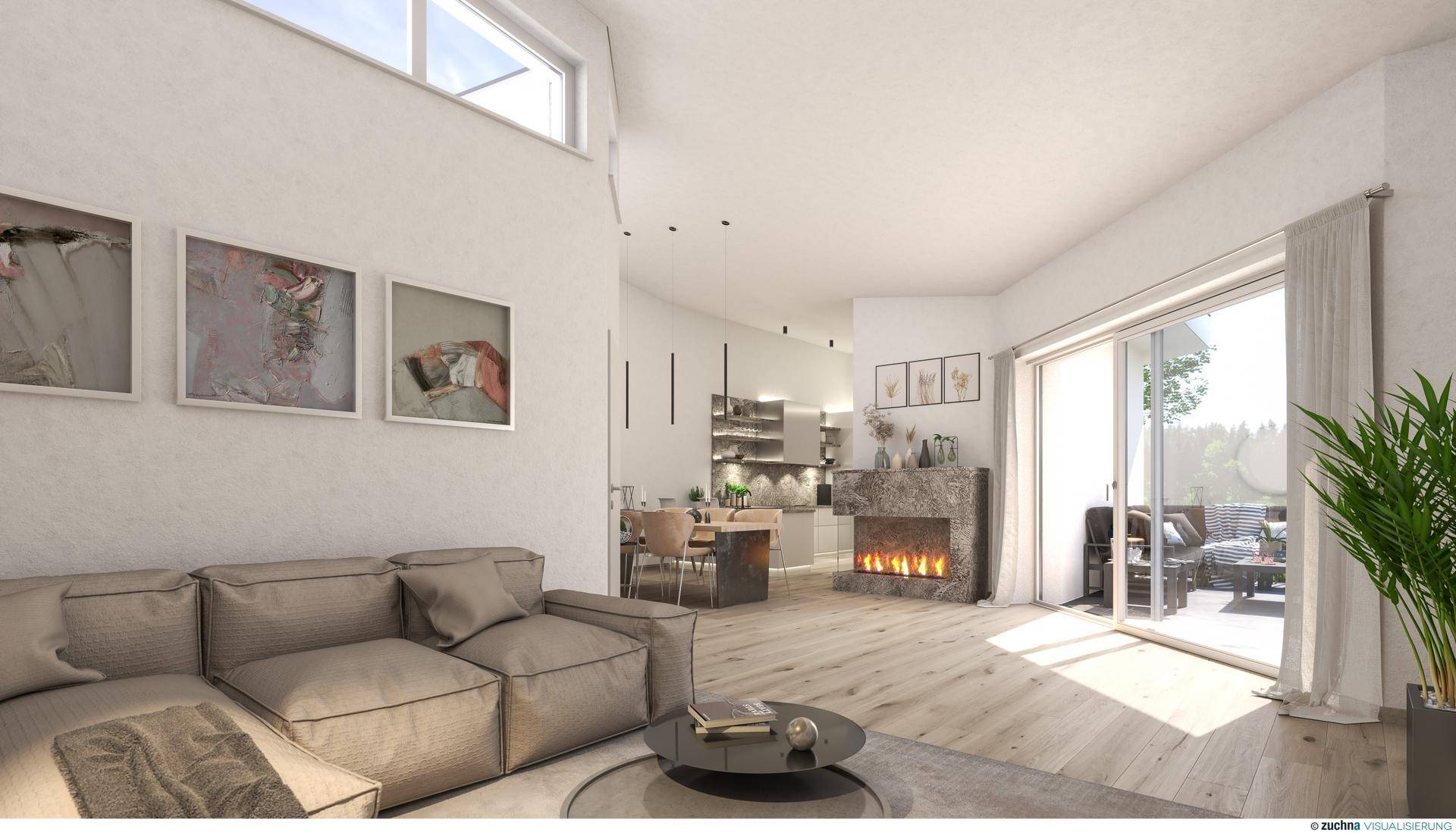 Helles, offenes Wohnzimmer mit modernem Kamin, Holzboden und Zugang zur Terrasse.