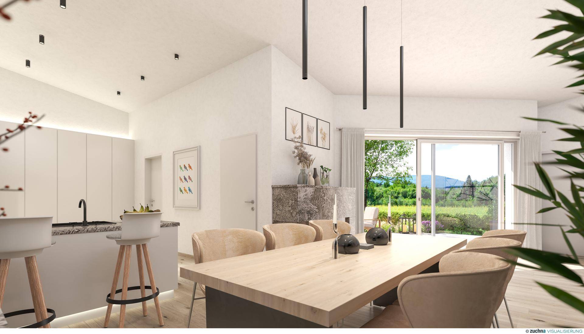 Moderner Essbereich mit Holztisch, stilvollen Stühlen und offener Küche mit Bergblick.