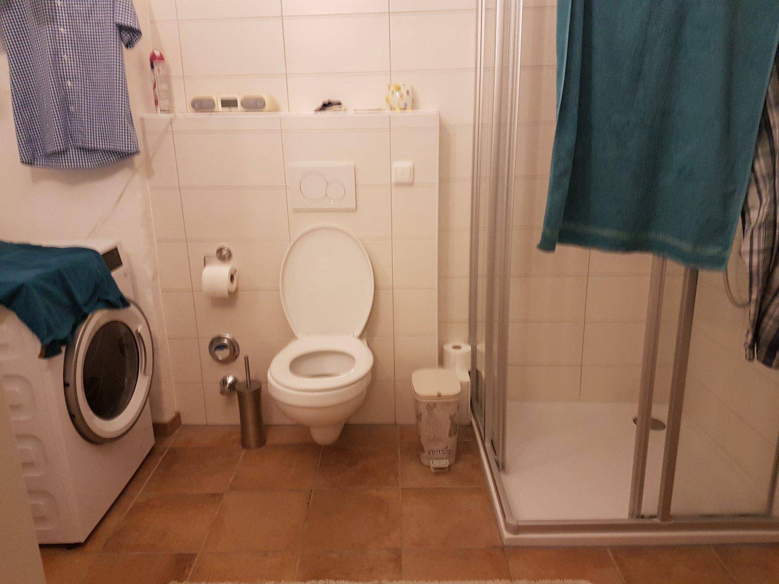 Badezimmer mit Dusche, WC und Waschmaschine, gefliestem Boden in Terrakotta-Optik.
