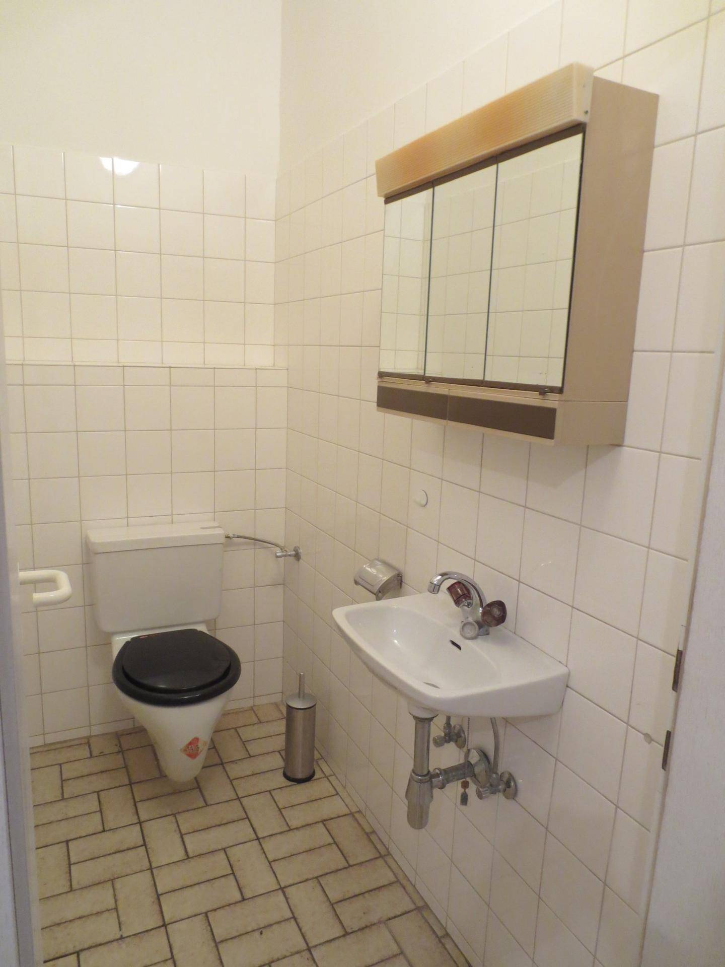 Kleines WC mit Toilette, Waschbecken und einem Spiegelschrank über dem Waschtisch.