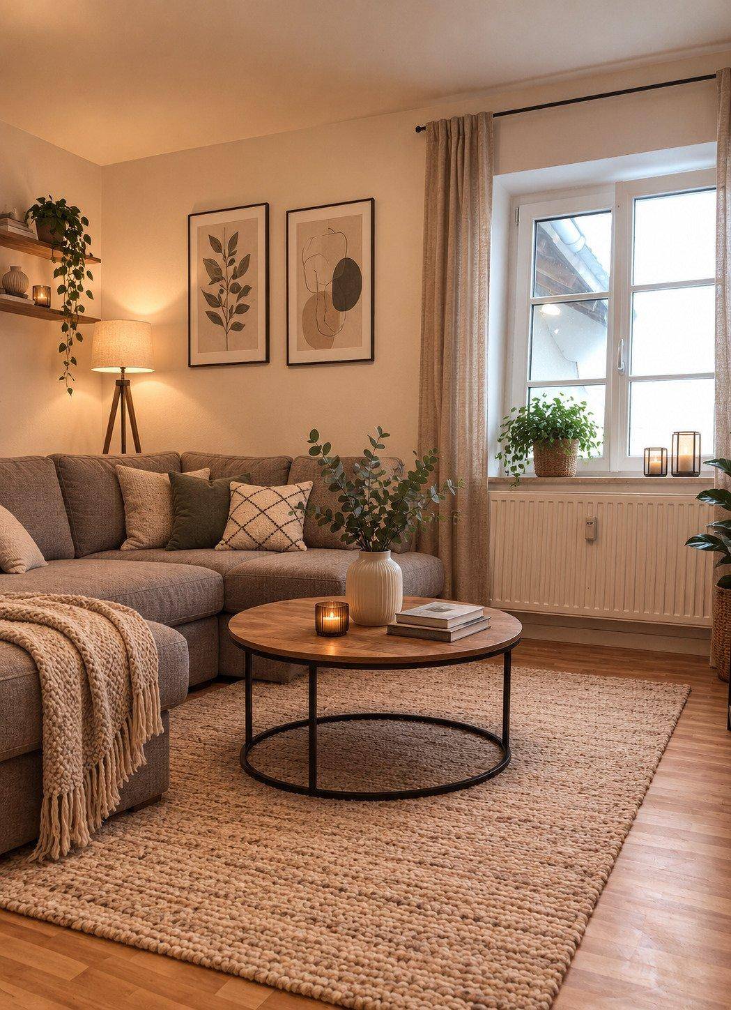 Gemütliches Wohnzimmer mit großem Ecksofa, Holzboden und viel natürlichem Licht durch das Fenster.