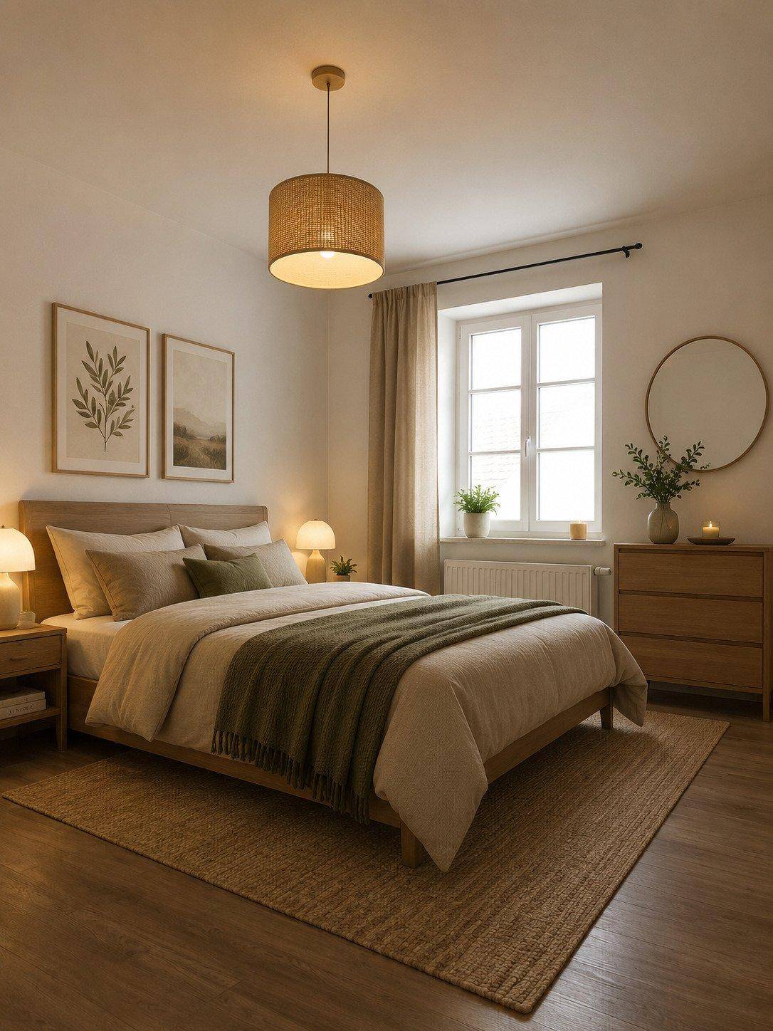 Helles Schlafzimmer mit Doppelbett, Nachttischen und Kommode in Holzoptik, ergänzt durch ein großes Fenster.