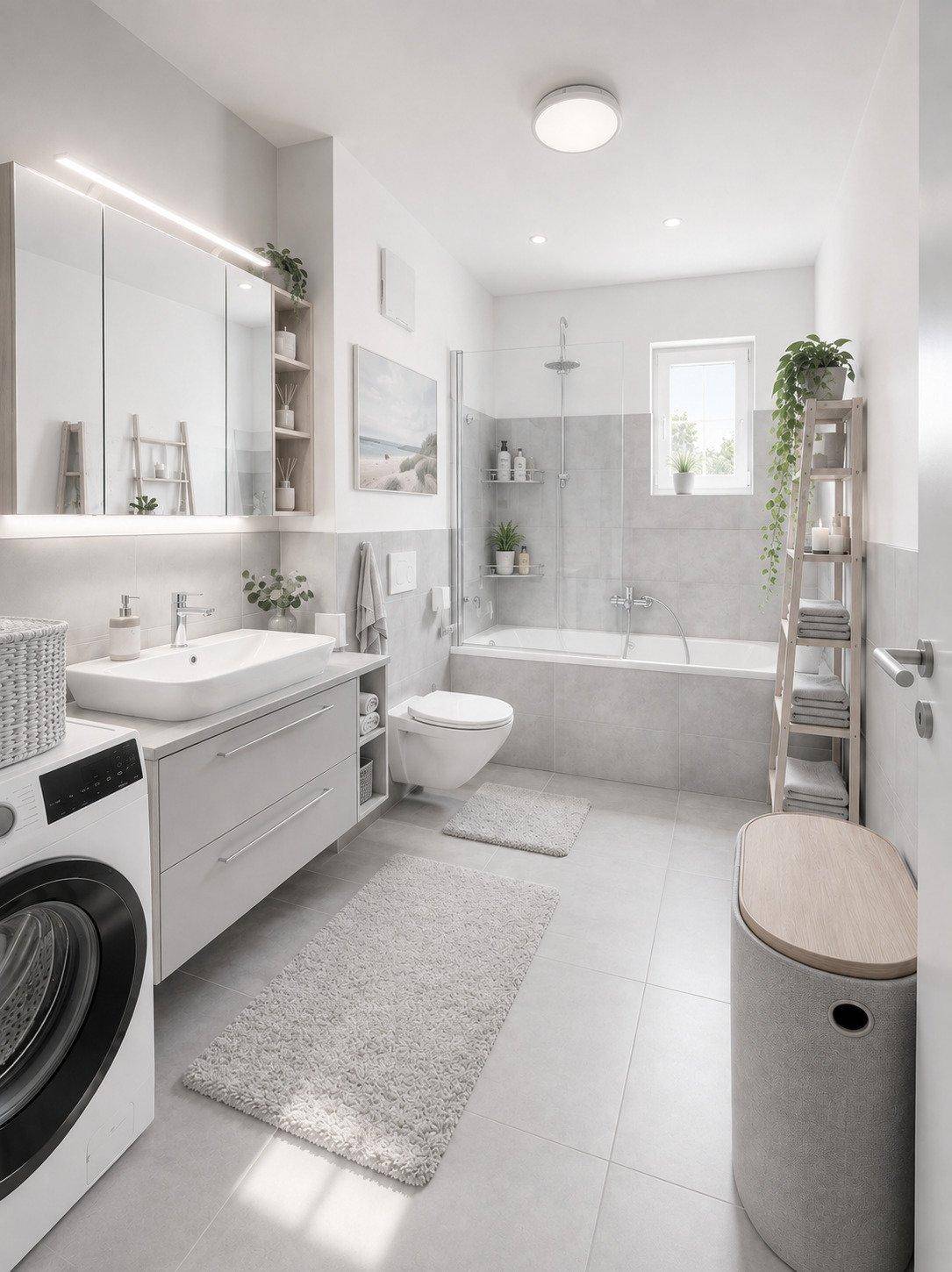 Helles, modernes Badezimmer mit Badewanne, separater Dusche und integrierter Waschmaschine.