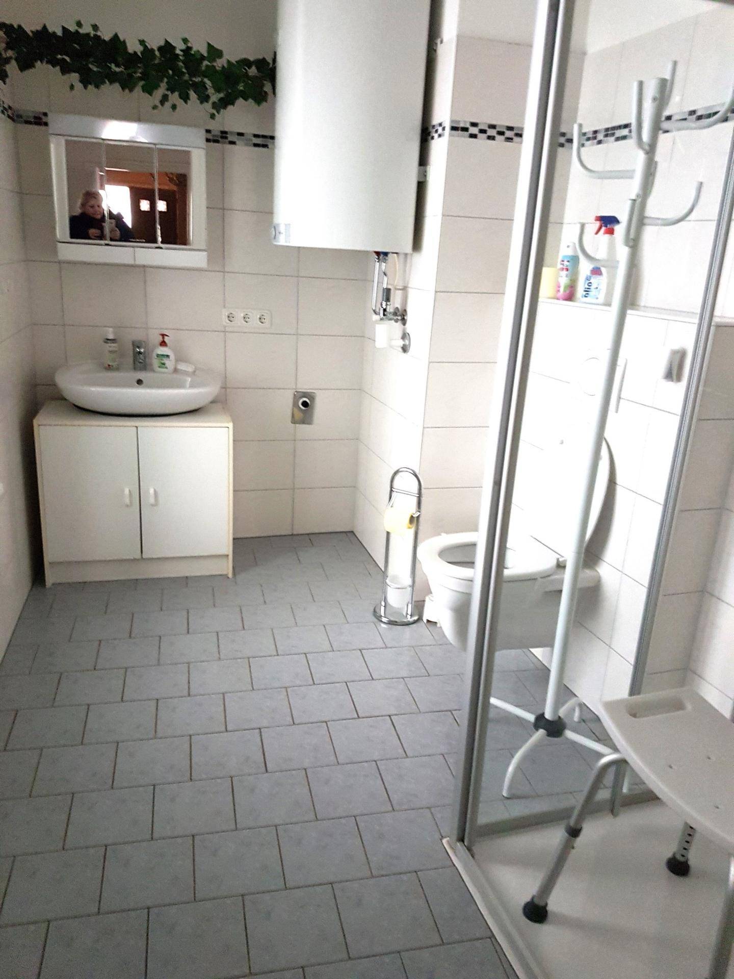 Badezimmer mit grauen Fliesen, Duschkabine, WC und Waschbecken mit Spiegelschrank.