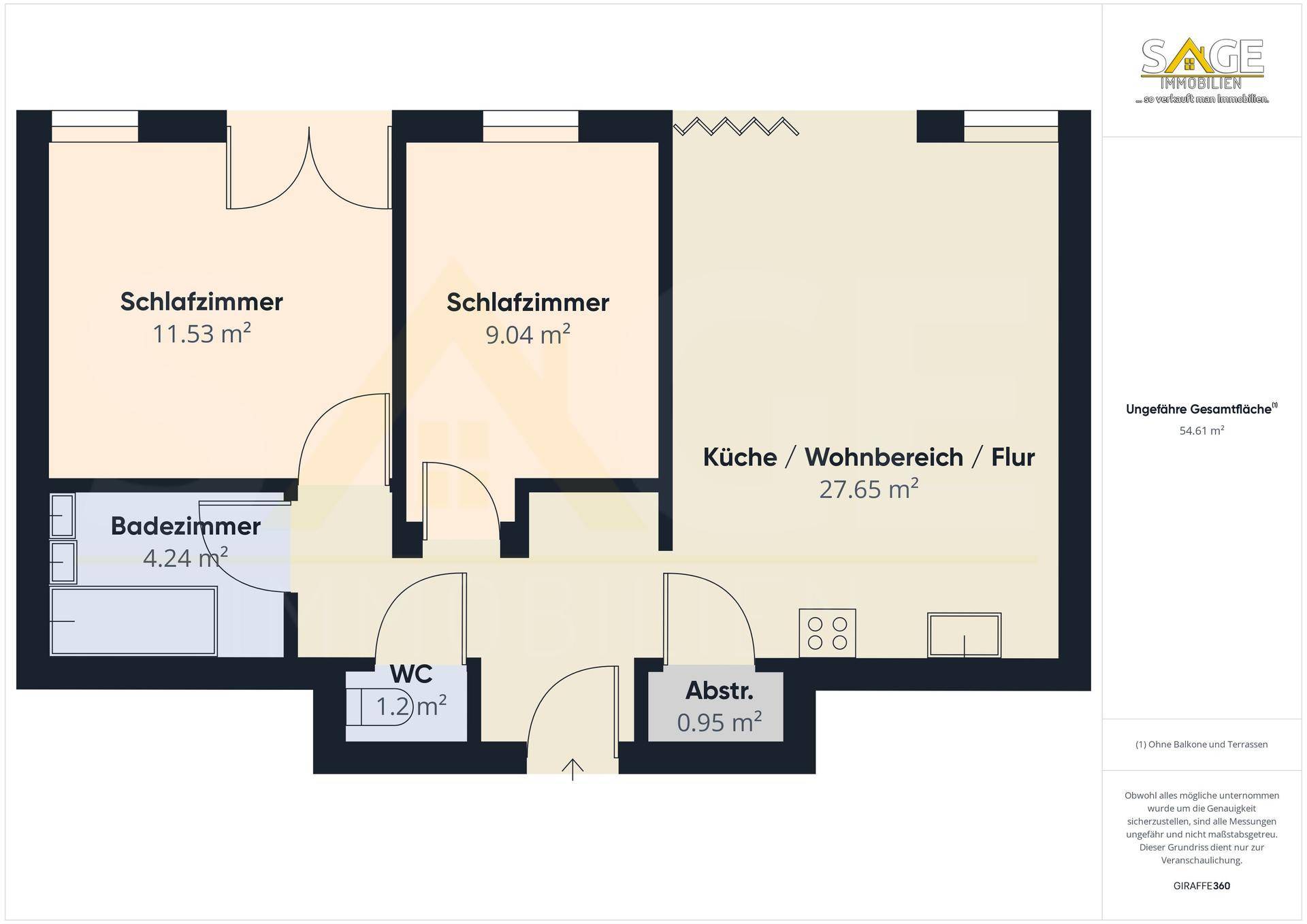 Grundriss einer Wohnung mit zwei Schlafzimmern, einem Badezimmer, separatem WC und offenem Wohnbereich.