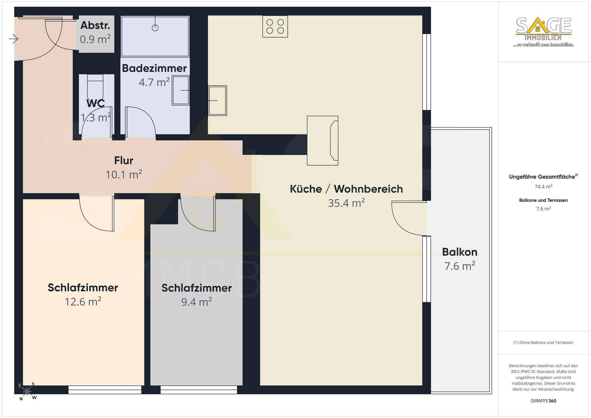Grundriss einer Wohnung mit zwei Schlafzimmern, offenem Wohnbereich und Balkon.