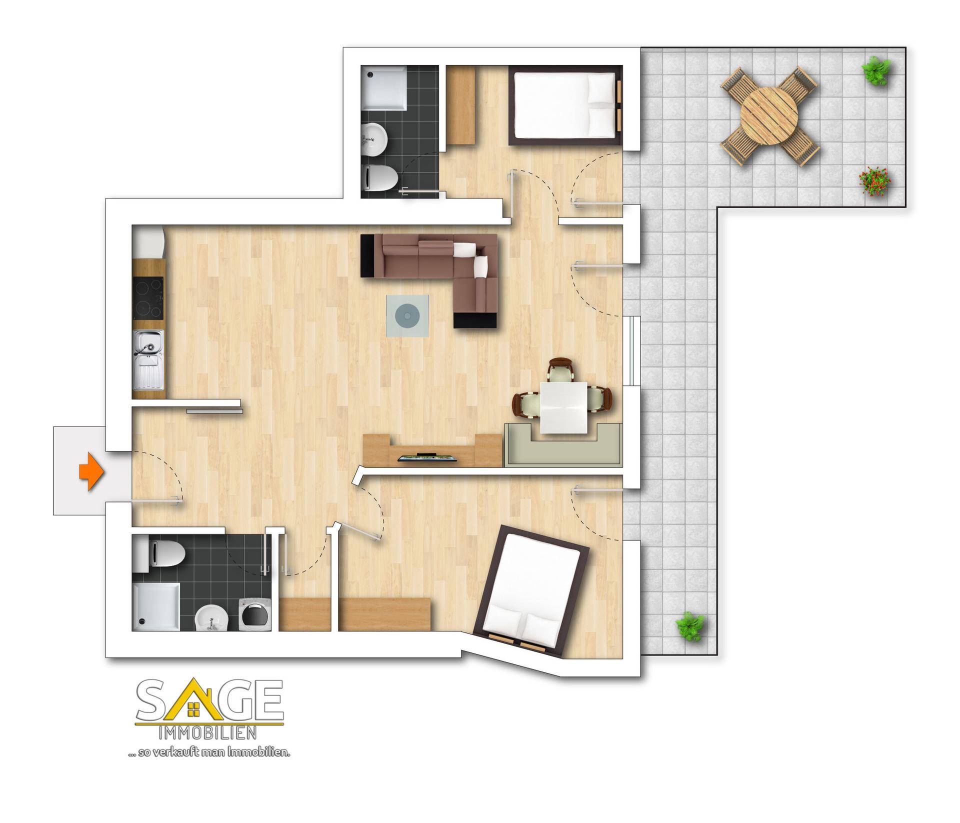 Detaillierter Grundriss einer Wohnung mit offenem Wohnbereich, Schlafzimmern und großer Terrasse.