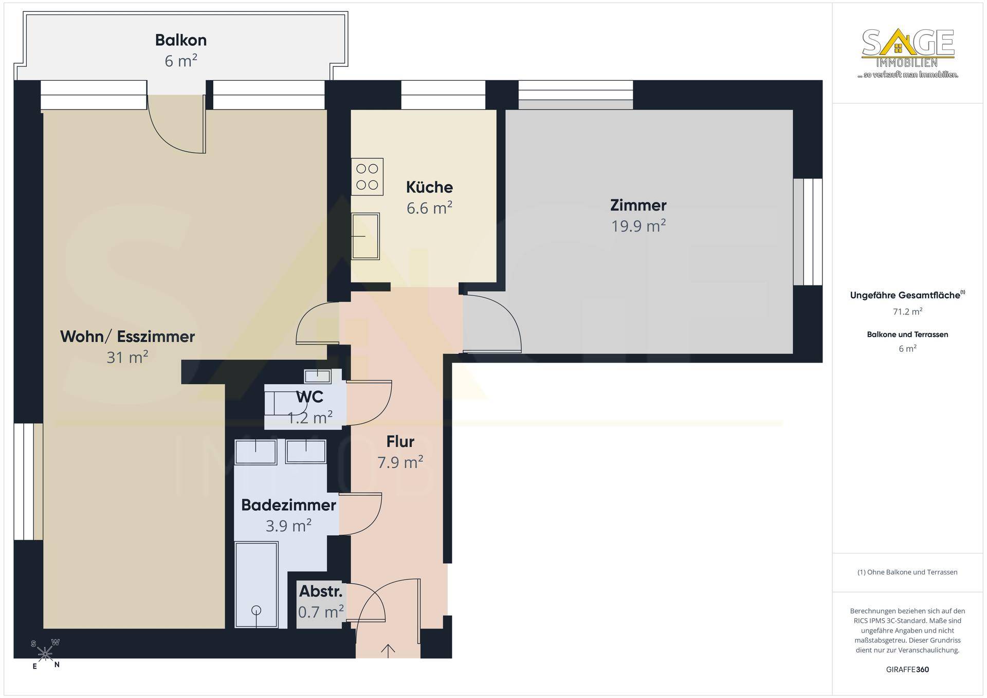 Grundriss einer Wohnung mit offenem Wohn-/Essbereich, separatem Zimmer, Bad, WC und Balkon.