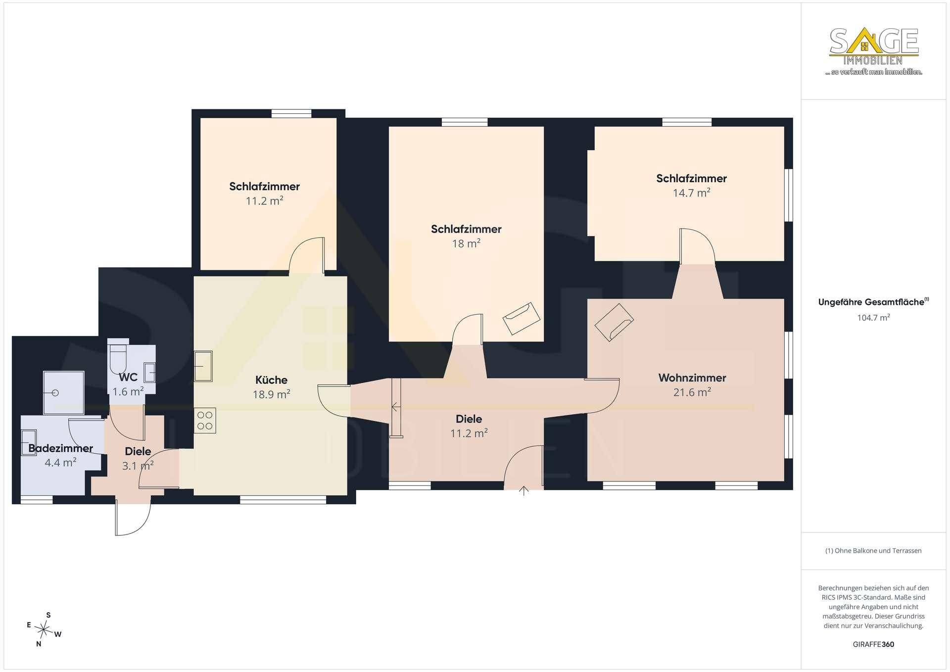 Grundriss der Wohnung mit Schlafzimmern, Wohnzimmer, Küche und Bädern.