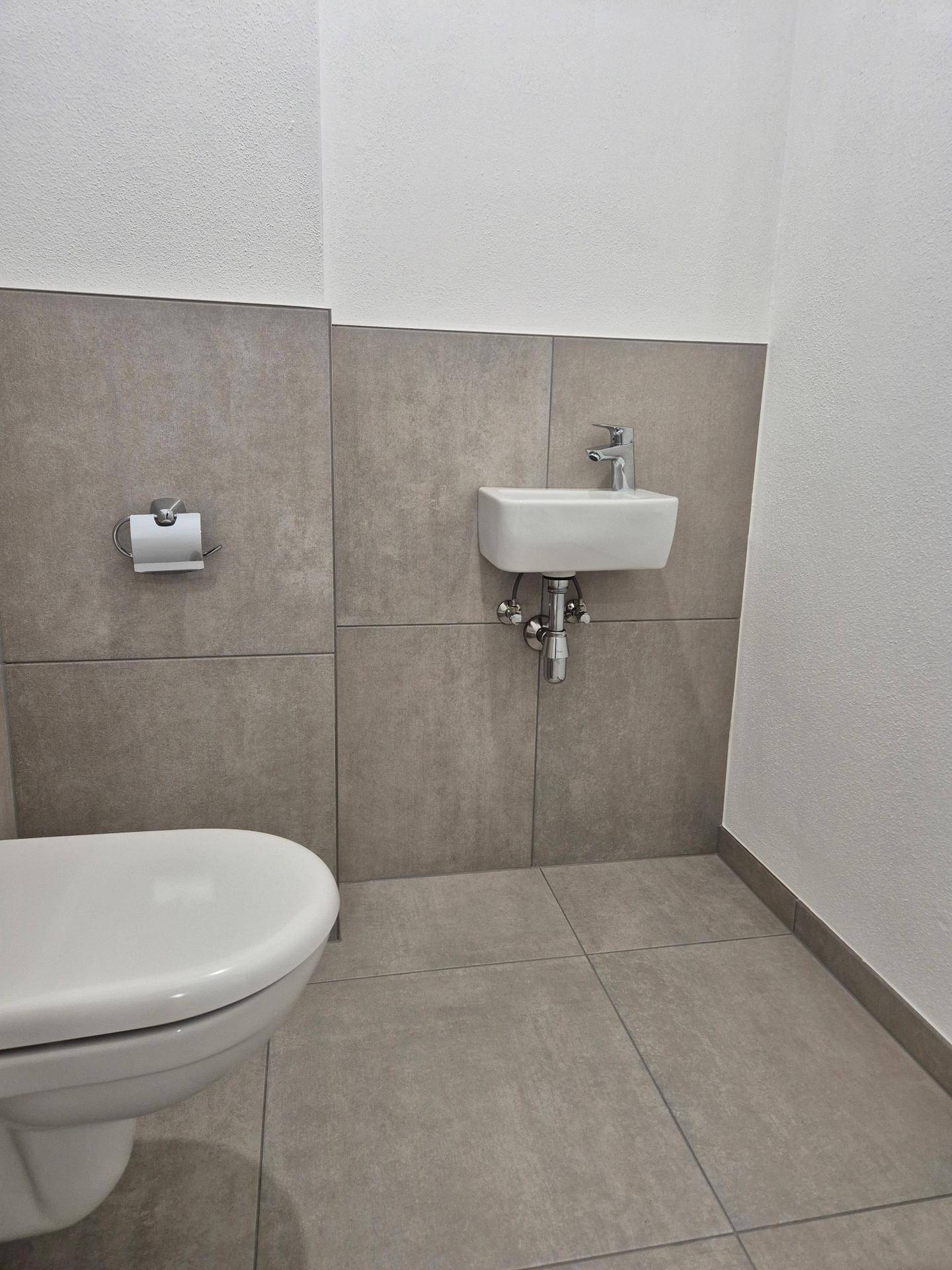 Modernes Gäste-WC mit grauen Fliesen, Wand-WC und kleinem Waschbecken.