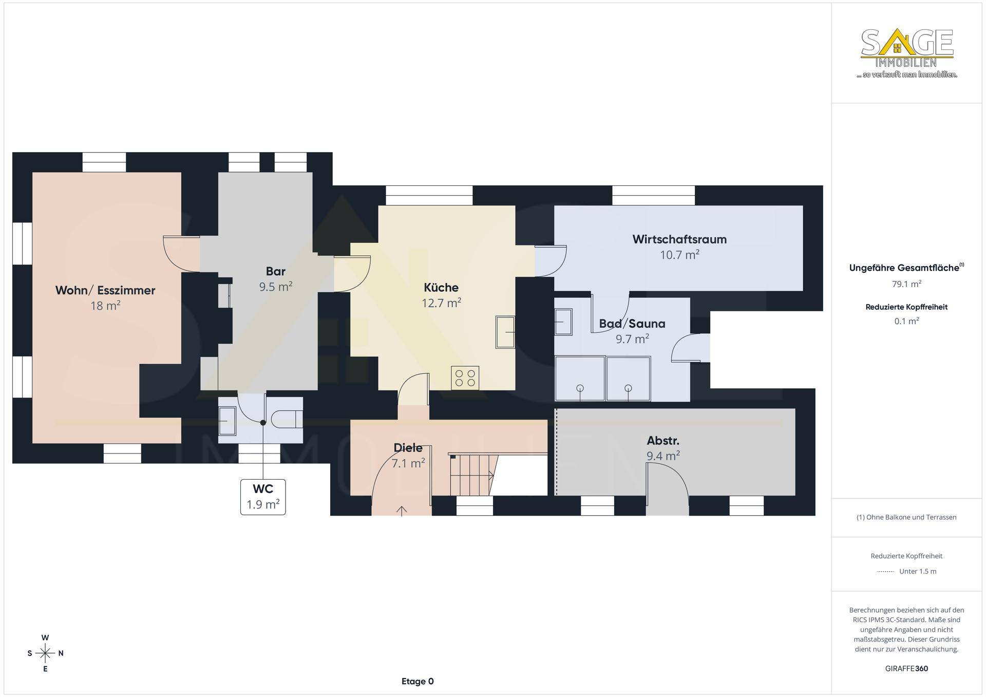 Grundriss des Erdgeschosses mit Wohn-/Esszimmer, Küche, Bar und Bad/Sauna.