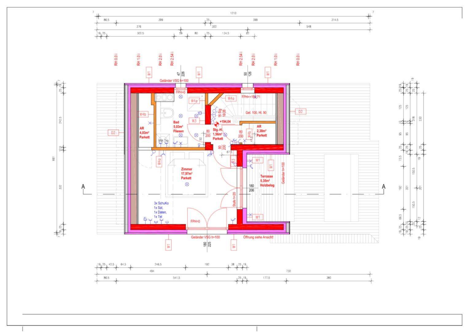 Grundriss des Dachgeschosses mit Schlafzimmer, Bad und Balkon.
