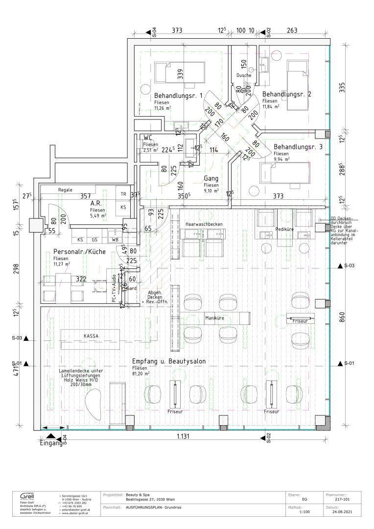 Grundriss eines Beauty-Salons mit Empfangsbereich, mehreren Behandlungsräumen und Personalbereichen.