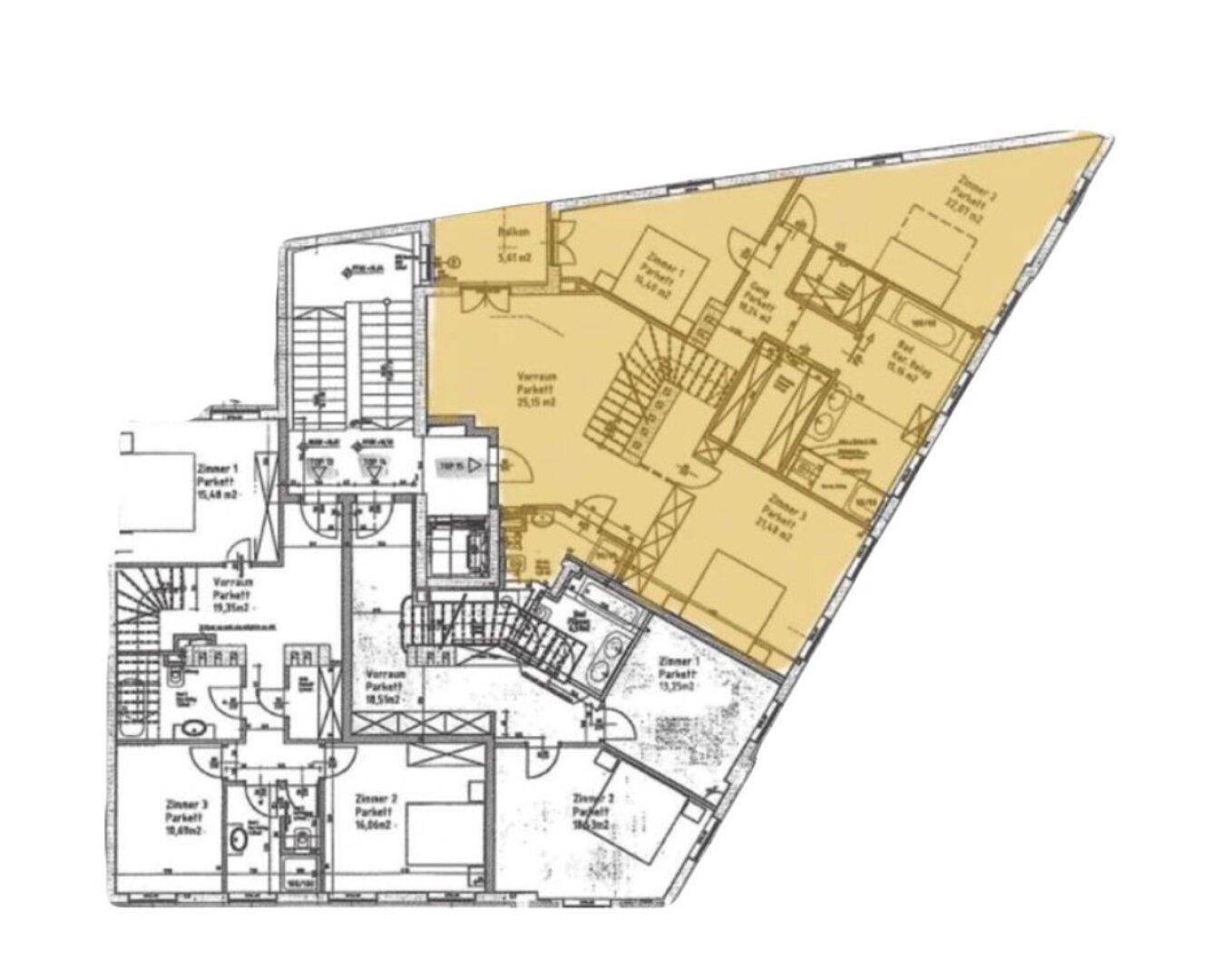 Grundriss der Dachgeschosswohnung mit mehreren Zimmern und Terrassen.