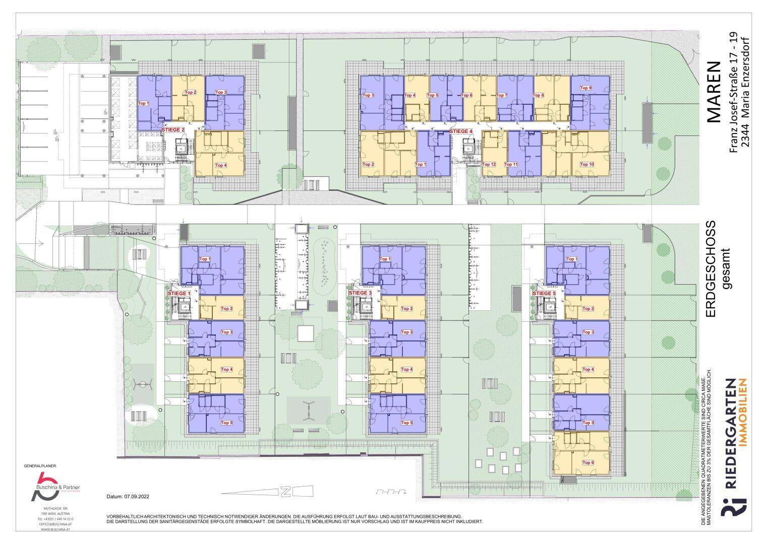 Gesamtgrundriss des Erdgeschosses mit mehreren Wohneinheiten, Terrassen und Gartenbereichen.