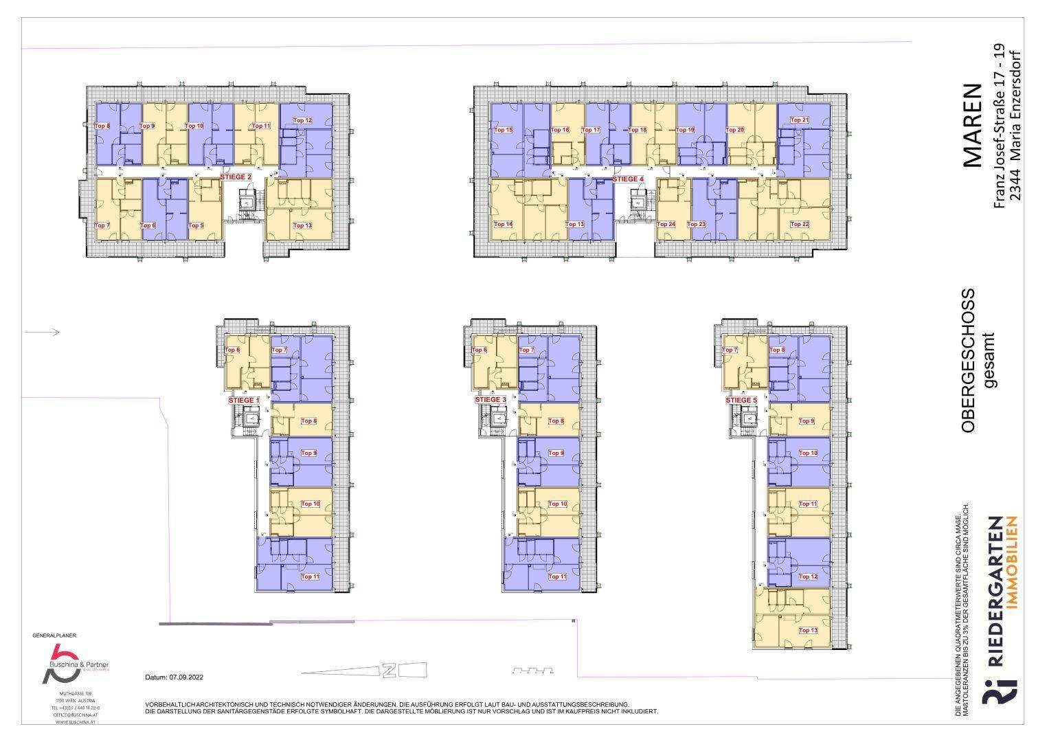 Grundriss des Obergeschosses mit verschiedenen Wohneinheiten und Balkonen.