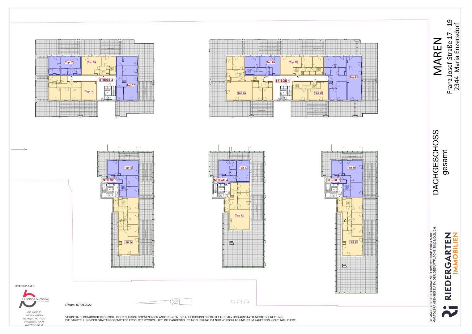 Detaillierter Grundriss des Dachgeschosses mit mehreren Wohneinheiten und Dachterrassen.