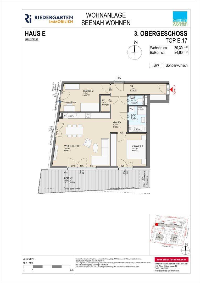 Detaillierter Grundriss einer 3-Zimmer-Wohnung im dritten Obergeschoss mit Balkon und offener Wohnküche.