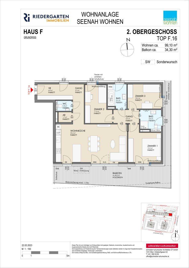 Detaillierter Grundriss der Wohnung Top F.16 im 2. Obergeschoss mit Balkon und drei Zimmern.
