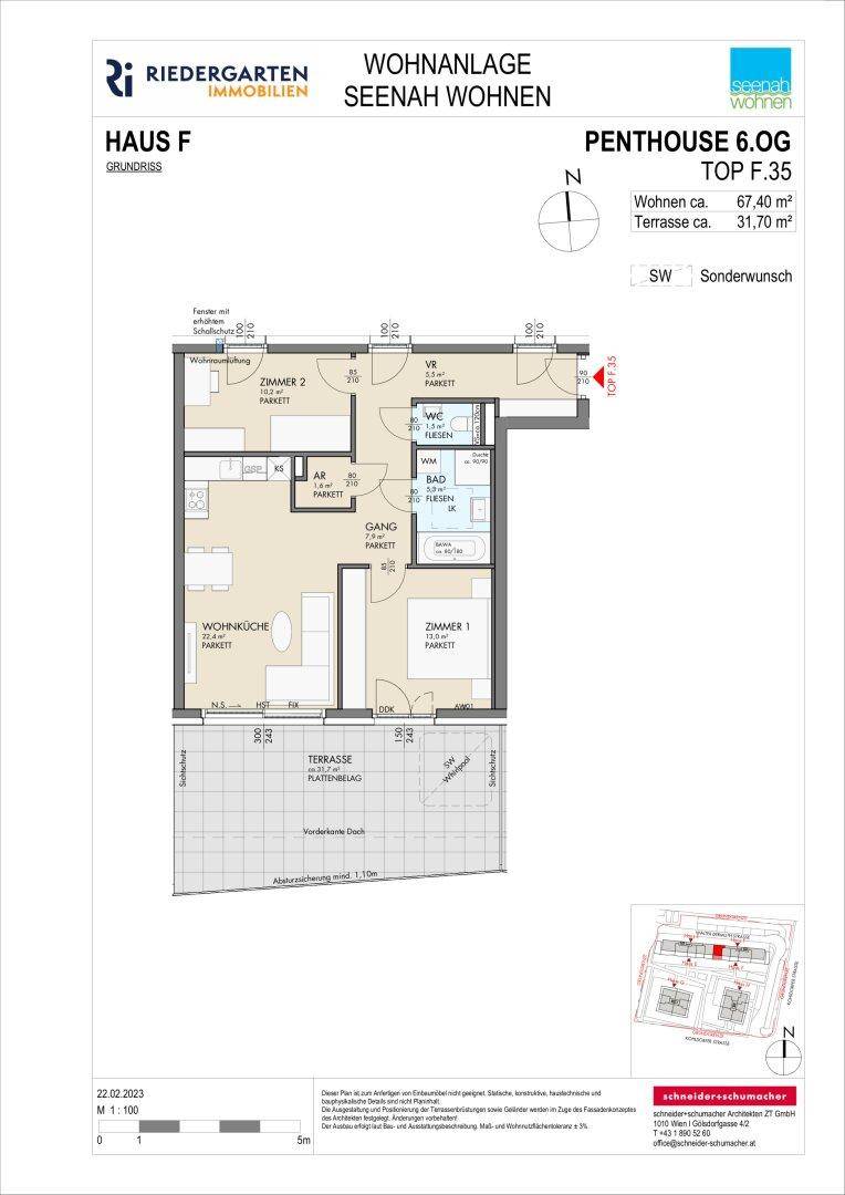 Grundriss einer Penthouse-Wohnung mit zwei Zimmern, offener Wohnküche und großer Terrasse.