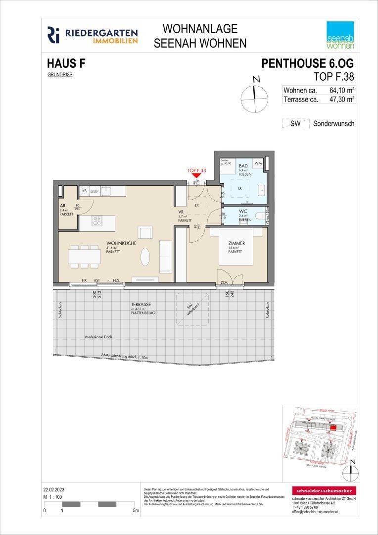 Grundriss einer Penthouse-Wohnung mit offener Wohnküche und großer Terrasse.
