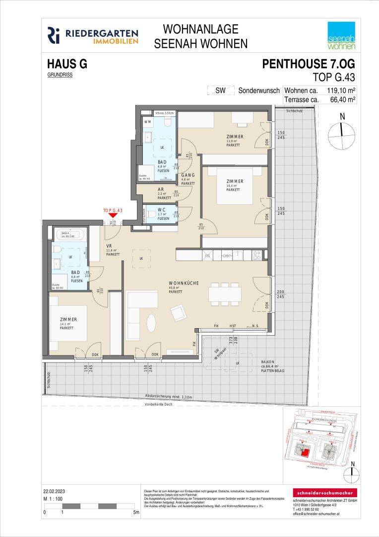 Grundriss des Penthouses G.43 mit Wohnküche, drei Zimmern, zwei Bädern und großer Terrasse.