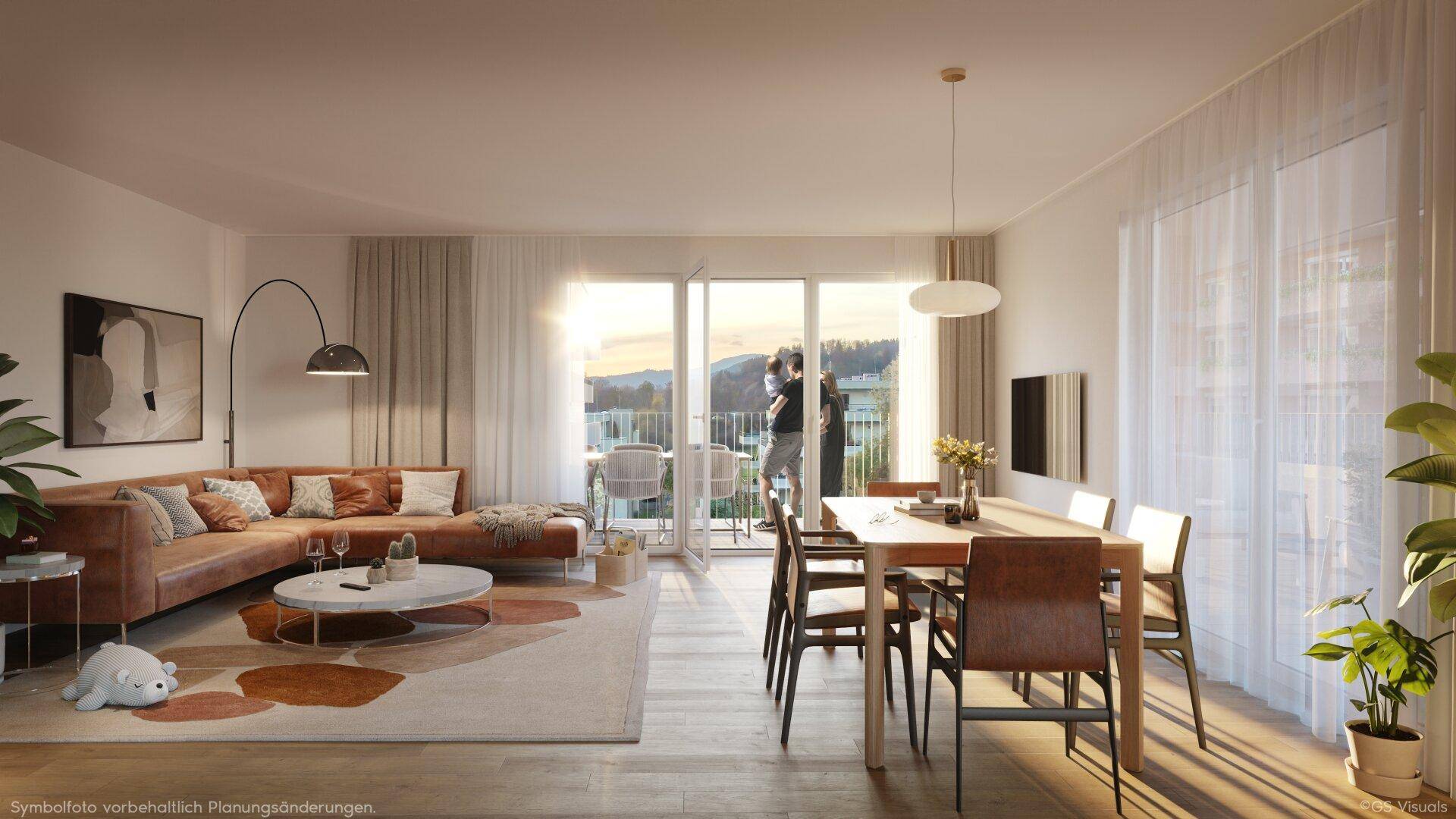 Heller Wohn-Essbereich mit modernem Sofa, Esstisch und Zugang zu einem Balkon mit schöner Aussicht.