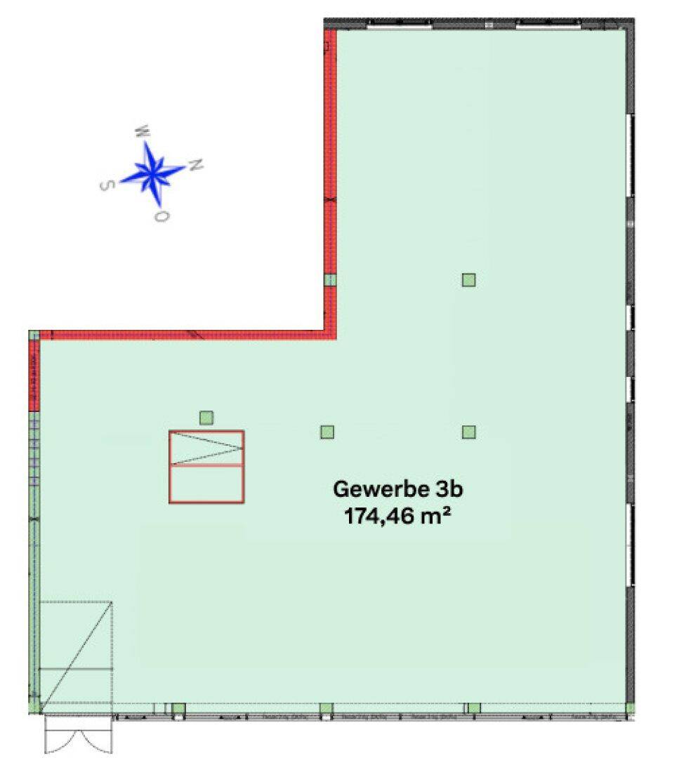 Grundrissplan einer Gewerbefläche von 174,46 m² mit klarer Raumaufteilung und Zugangsbereich.