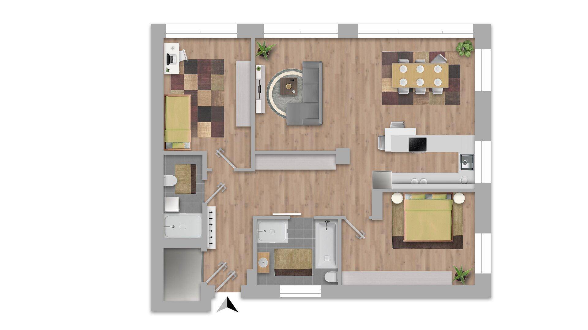 Grundriss einer Wohnung mit offenem Wohnbereich, zwei Schlafzimmern und zwei Bädern.